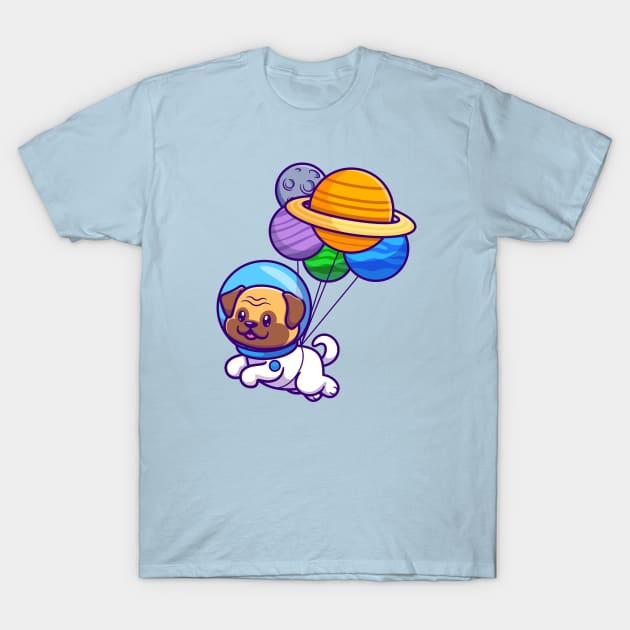 Cute Pug Dog Astronaut Floating With Planet Balloon Cartoon T-Shirt by Catalyst Labs